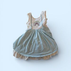Light Blue Gingham Kids Dress with Rainbow Appliqué